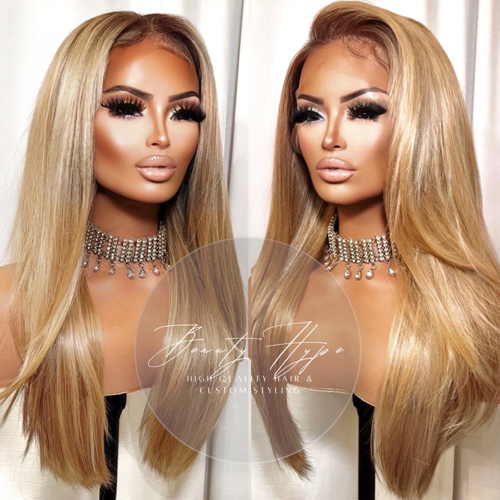 Lace Frontal Straight Long Champagne Blonde Dark Brown Root #4 Synthetic Wig